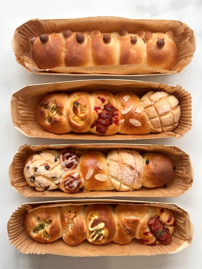 横一列に並べて焼いたちぎりパンの写真
